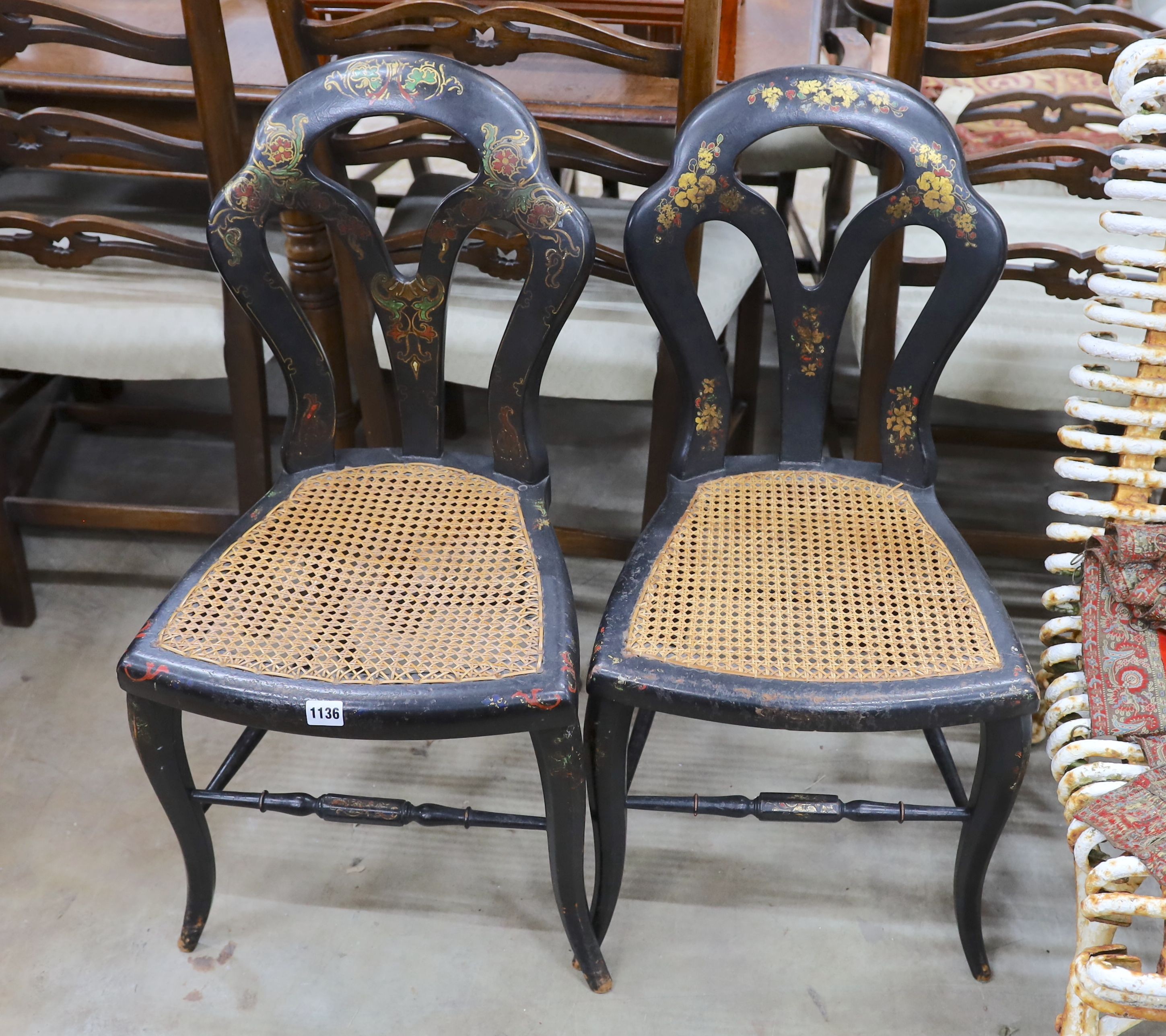 A pair of Victorian cane seated papier mache bedroom chairs
